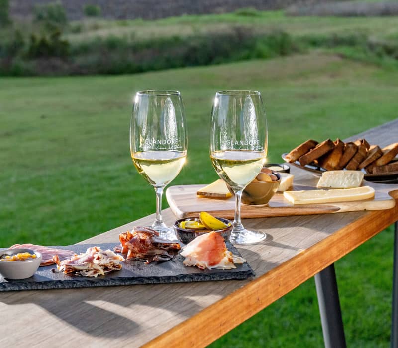 Gourmet charcuterie board and wine glasses set on a rustic outdoor wooden bar overlooking green fields.