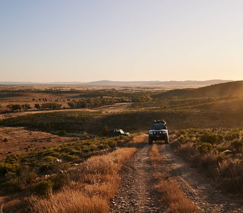 Two 4WD vehicles driving along a dusty mountain ridge track in the Flinders Ranges during sunset.