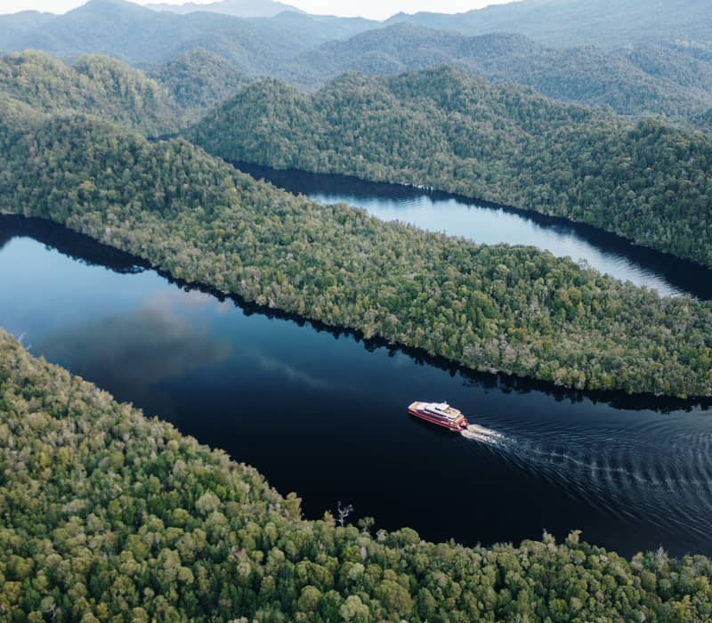 Aerial view of a cruise boat on the dark waters of the Gordon River in Tasmania.