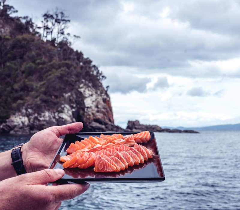 A tray of fresh Tasmanian salmon sashimi held against a coastal ocean backdrop on a Pennicott Journeys tour.