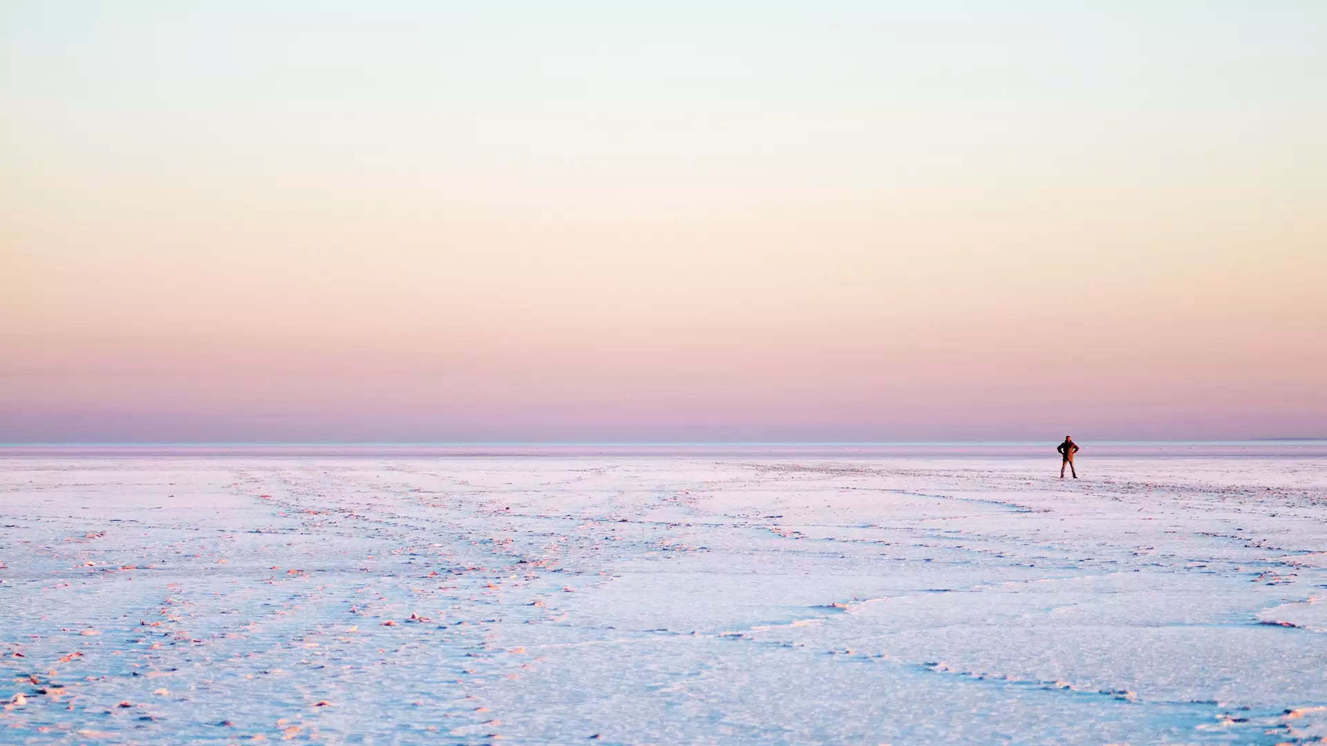 Wide-angle view of a person standing on a white salt crust plain under a pink and purple dusk sky in South Australia.