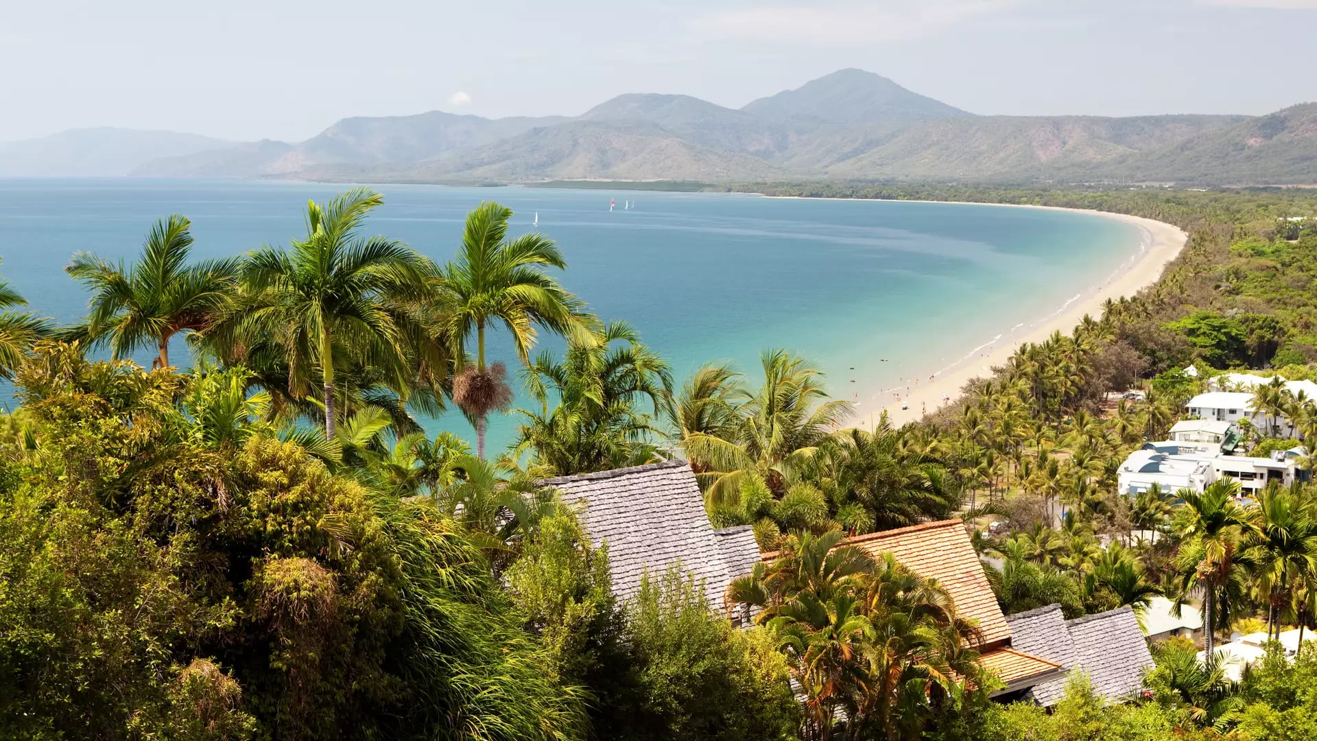 Elevated coastal view of a long sandy beach and green mountains meeting the blue ocean in Port Douglas, Queensland.