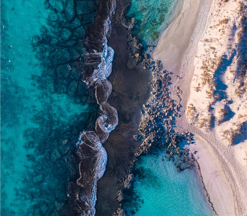 Vertical aerial photography of dark coral formations in bright blue water next to a sandy beach.