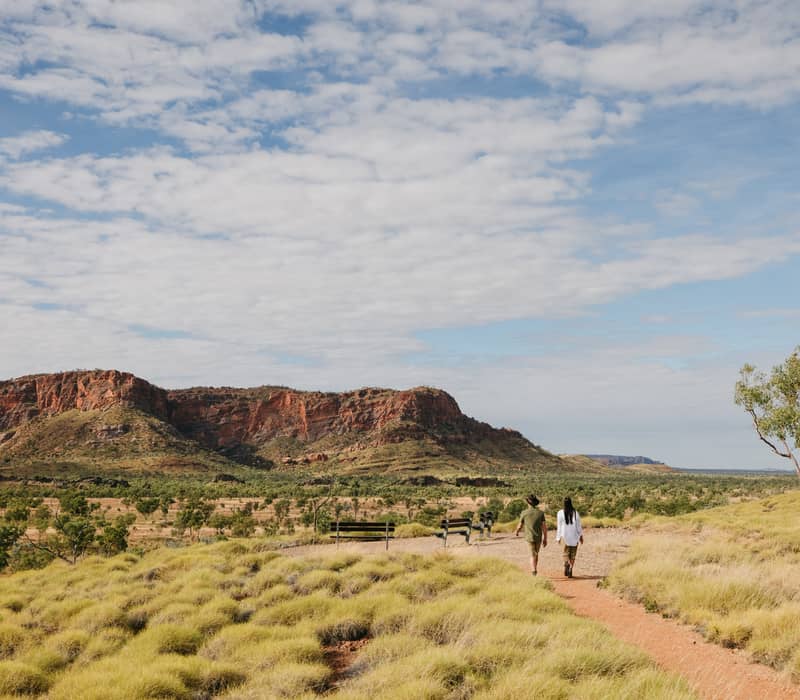 Two people walk along a dirt path through tall yellow grass towards the distinctive orange and black striped rock formations of the Bungle Bungle Range in Purnululu National Park, under a blue sky with white clouds