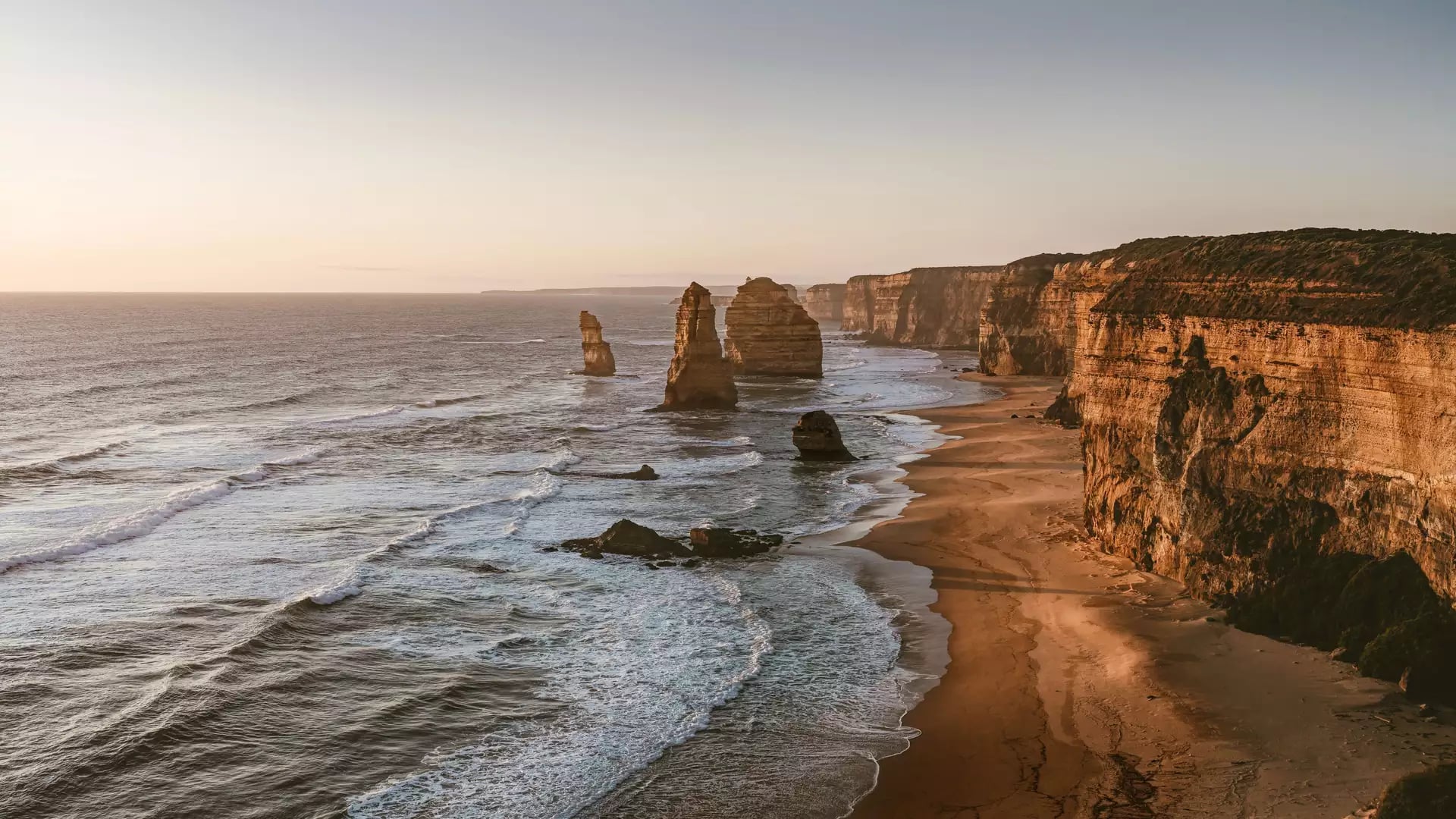 A row of massive limestone pillars stands in the surf along a sandy beach and high, sheer cliff line during a soft orange sunset on the Great Ocean Road.