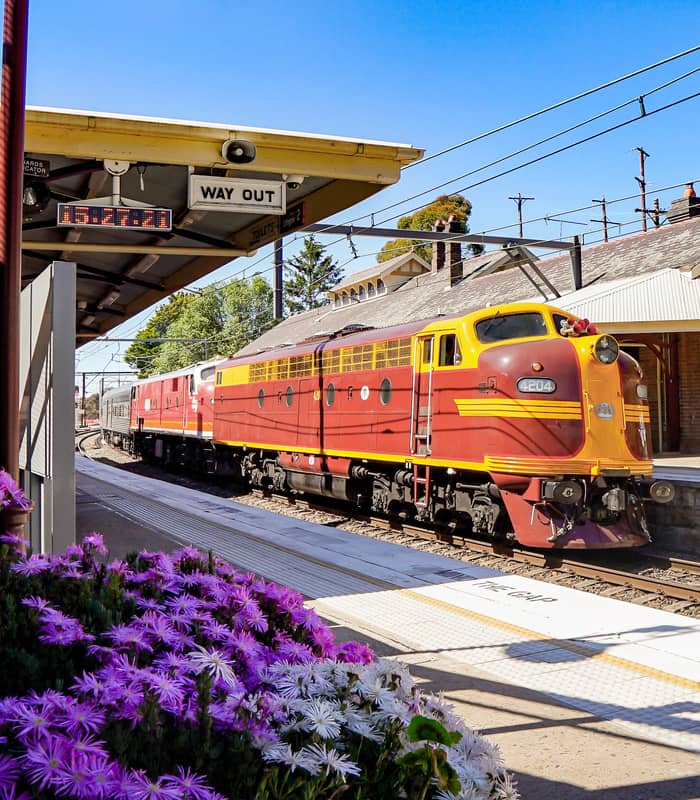 A vintage red diesel locomotive arriving at a heritage railway station platform decorated with flowers.