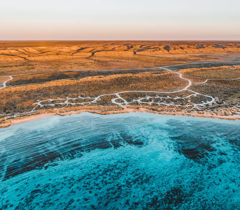 Aerial landscape of the Ningaloo Coral Coast showing the reef beneath clear blue water and the adjacent desert.