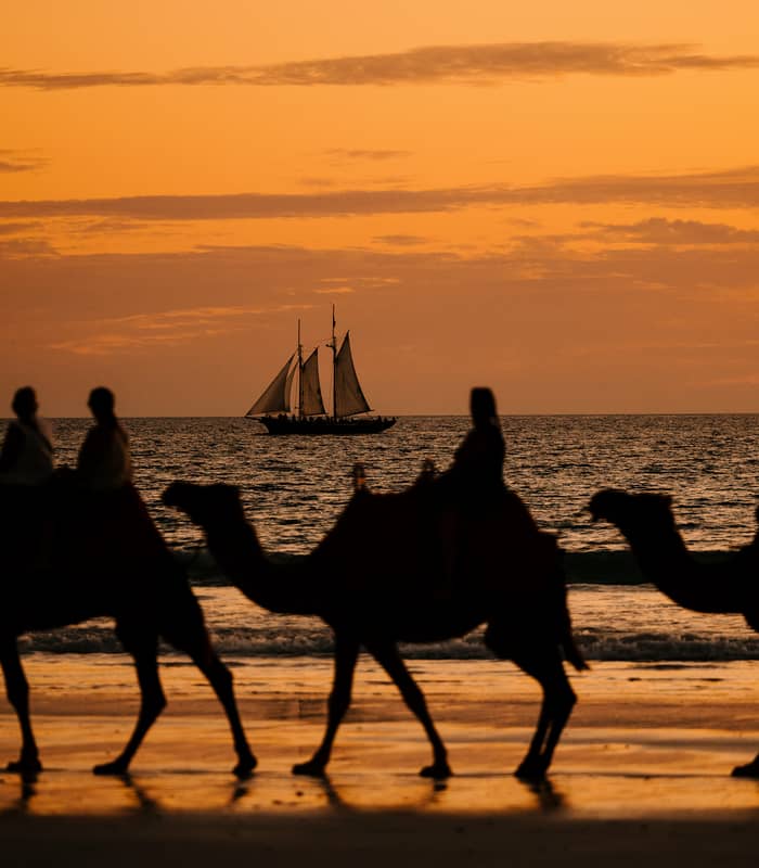 Silhouetted figures riding camels in a line across a wet, reflective beach at sunset, with a sailboat on the golden ocean in the background.