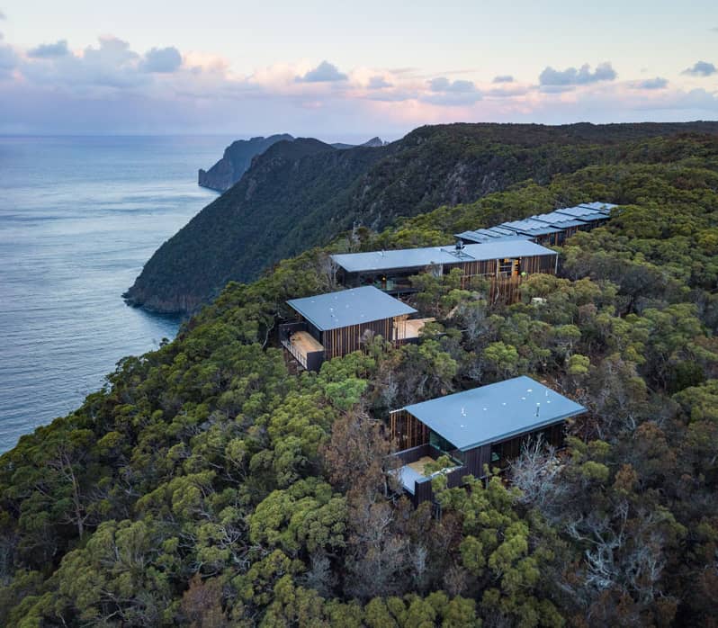 An aerial shot of modern dark-clad lodge buildings nestled within a dense forest canopy by the sea.