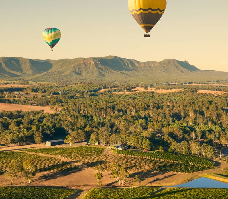 Two hot air balloons flying over green vineyard rows and a mountain backdrop in the Hunter Valley.
