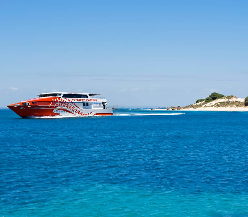 A bright red and white high-speed ferry boat traveling through deep blue water near a sandy island shoreline.