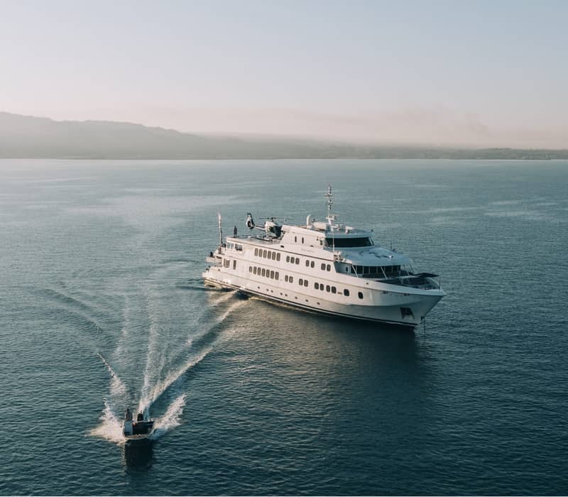 A high-angle aerial photograph of the white luxury expedition ship True North traveling across a calm, dark blue sea. A small grey tender boat follows in the ship's wake, and a white and blue helicopter is stationed on the top deck. A misty coastline is visible on the horizon under a clear, pale sky.