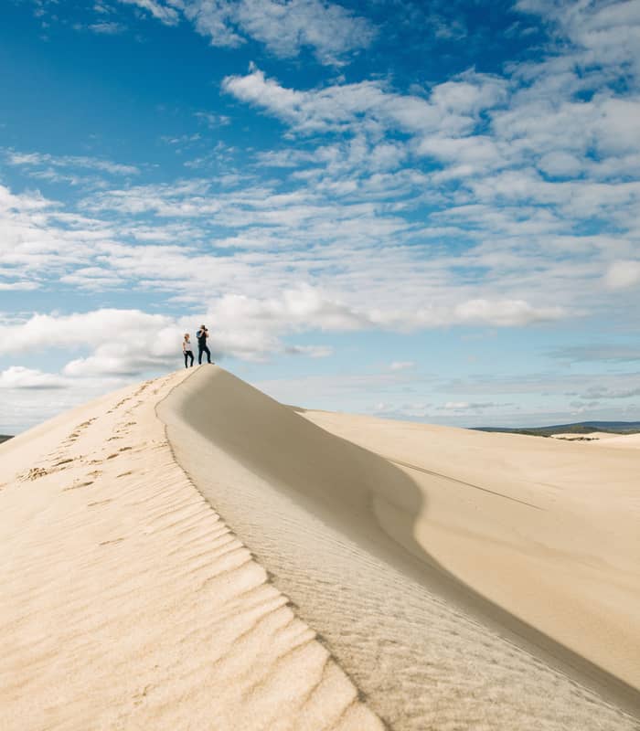 Two people stand atop a vast sand dune in Port Lincoln, gazing out over the sweeping expanse of golden sand. The undulating dunes stretch out into the distance, creating a dramatic and beautiful landscape. The sky is clear and blue, and the pair pause to take in the peaceful, natural surroundings.