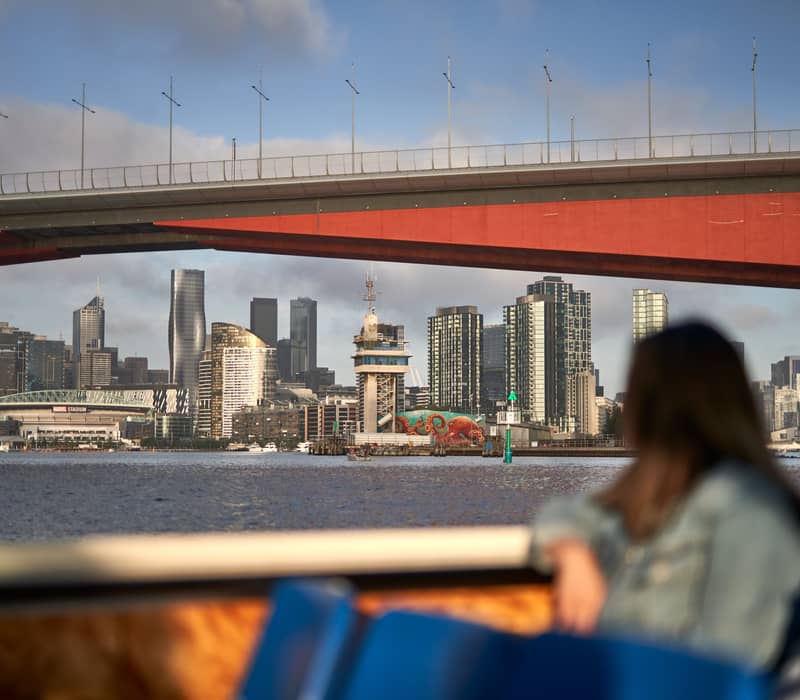 View of a large red bridge and city skyscrapers from the water on a Melbourne river cruise.