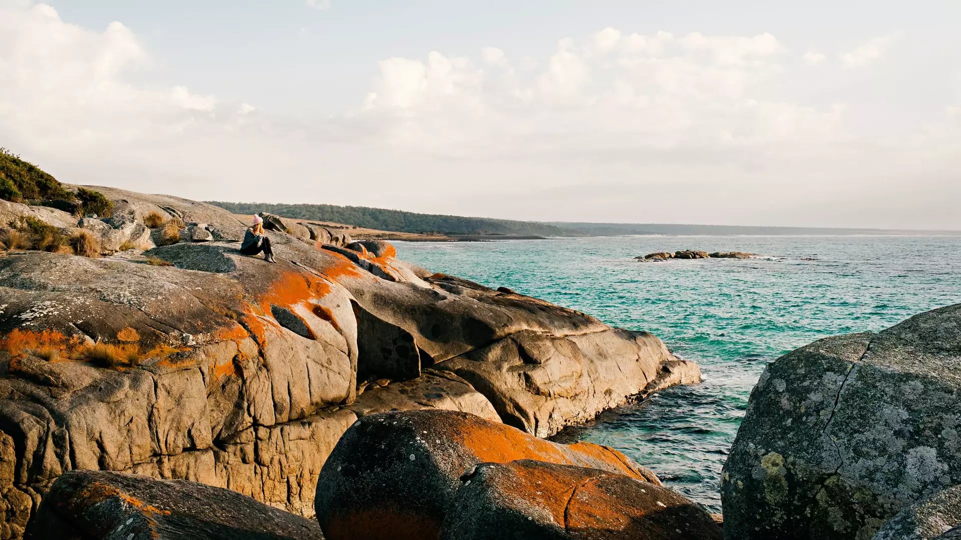 direct top-down aerial photograph of a secluded cove in the Bay of Fires, featuring crystal-clear turquoise water, white sand beach with footprints, and large granite boulders splashed with vibrant orange lichen.