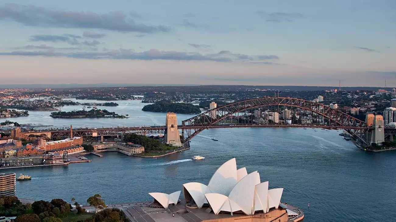Aerial view of Sydney Harbour with Opera House and Harbour Bridge.