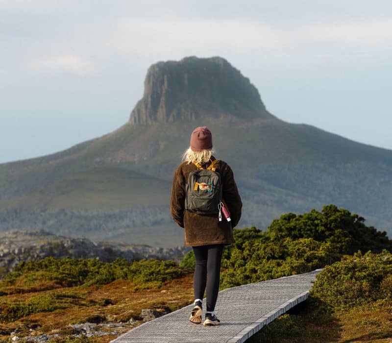 Rear view of a female hiker with a backpack walking on a wooden boardwalk towards Barn Bluff in Tasmania.