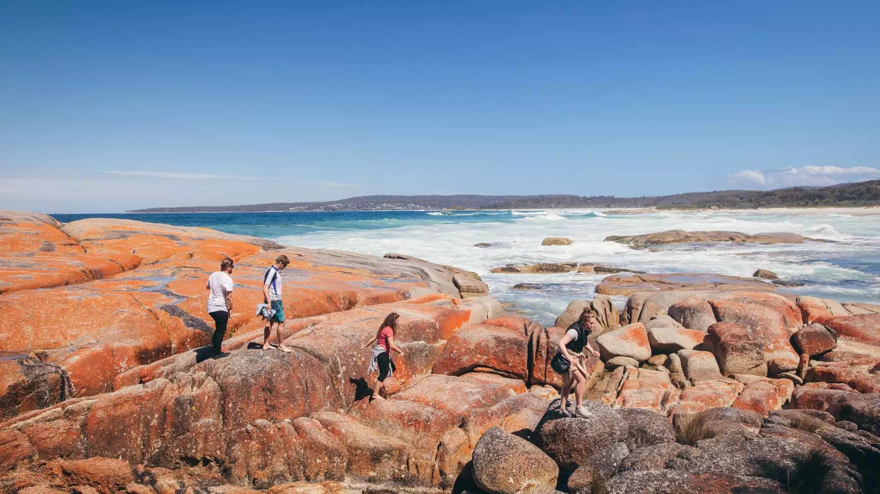 A group of people walking across large rocks covered in bright orange lichen next to a crashing blue ocean under a clear sky.