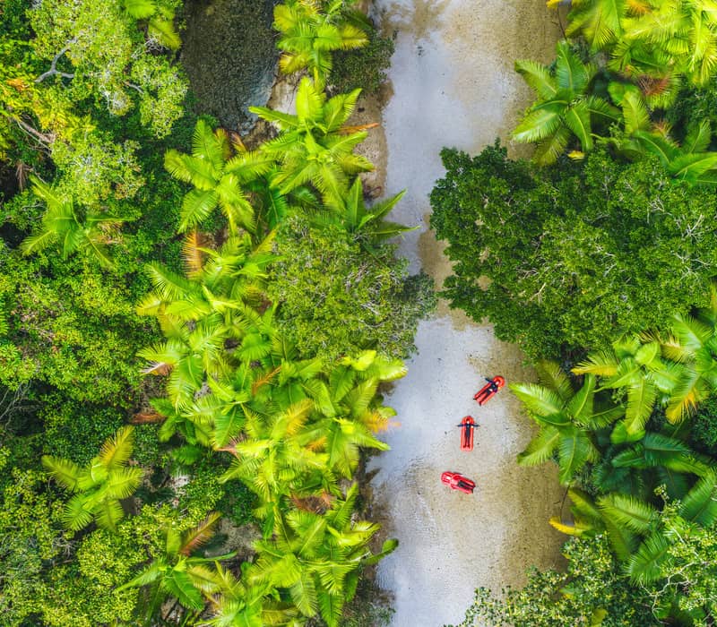 Aerial view of three people on red inflatable rafts floating down a narrow river through a lush green rainforest.