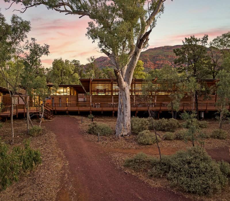 A modern timber lodge with a large deck surrounded by gum trees under a pink sunset sky in the Australian outback.