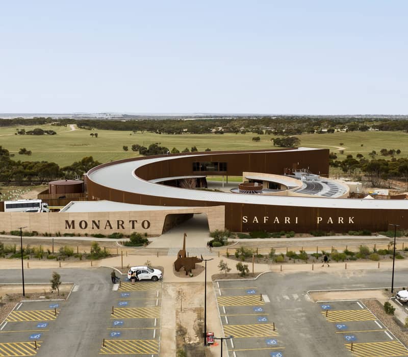 High angle aerial view of the modern circular visitor centre at Monarto Safari Park.