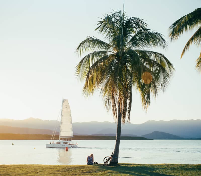 A lone person sits under a tall palm tree on a green lawn, watching a large white sailing boat glide across the calm water at sunset in Port Douglas.