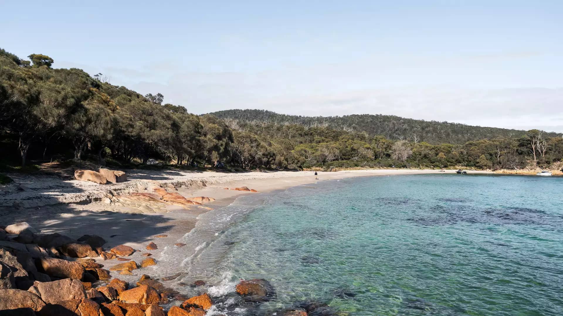 A view of Honeymoon Bay at Freycinet National Park, showing the clear turquoise water and a small sandy beach cove framed by orange granite boulders and native green trees under a soft, blue sky.