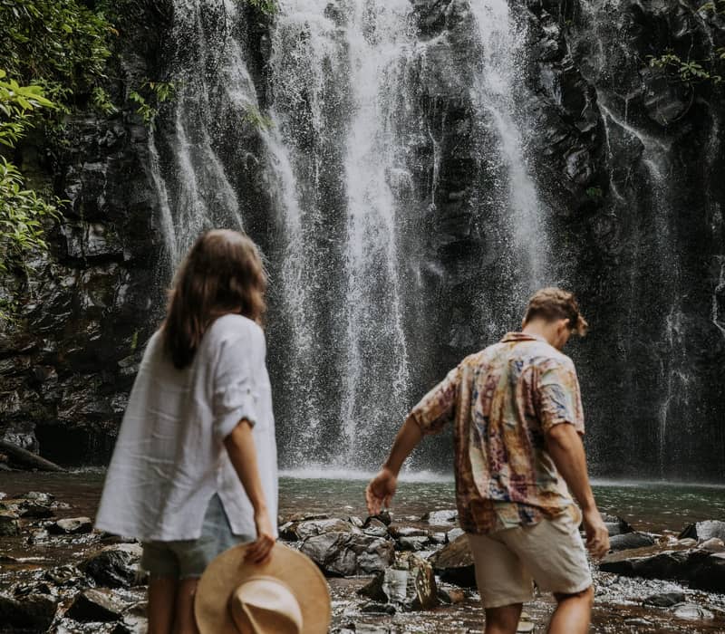 Tourists looking at a high tropical waterfall surrounded by lush green plants in North Queensland.