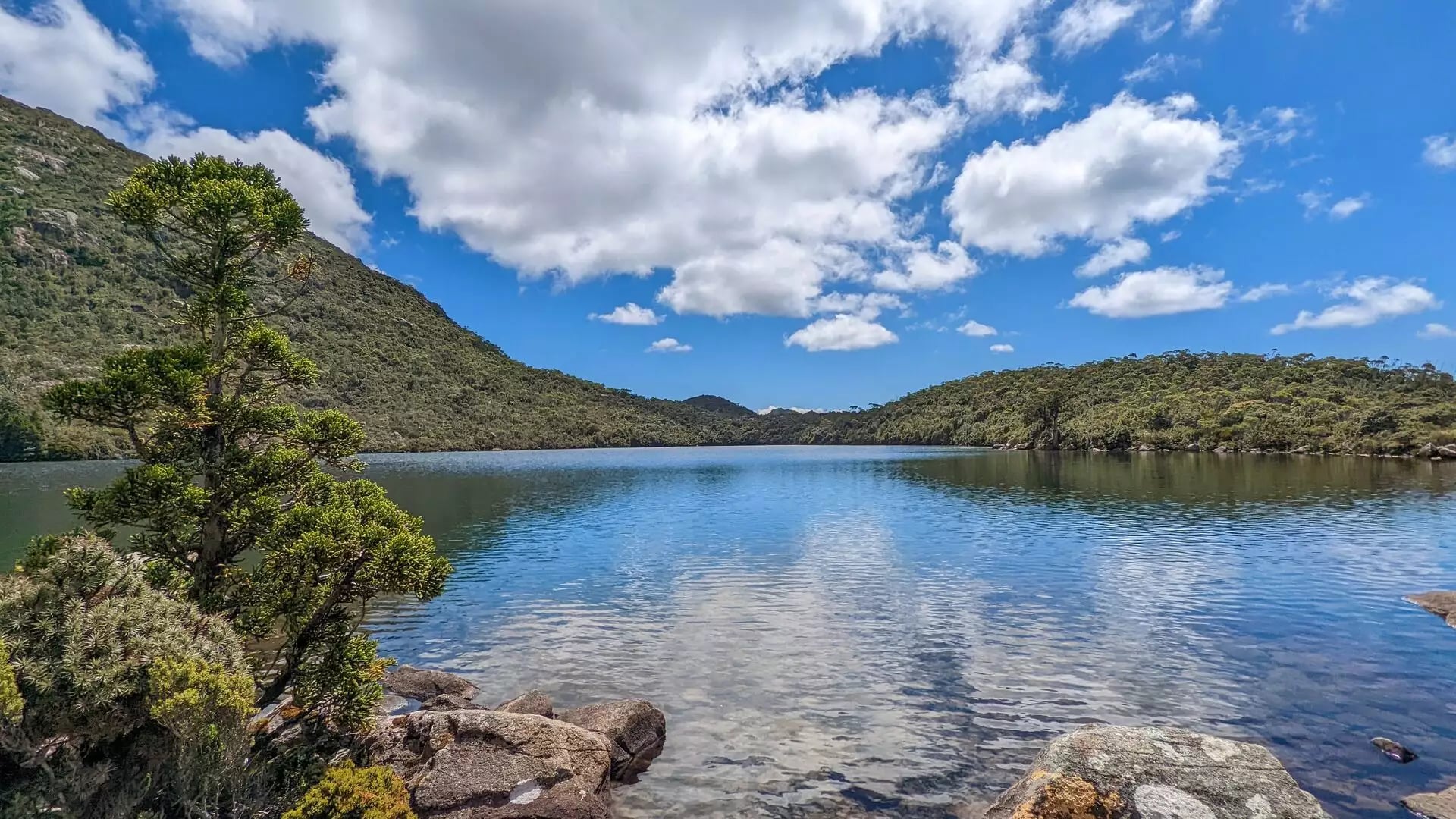 A wide scenic view of a still, clear blue lake surrounded by low-lying green alpine forest and rocky mountain slopes.