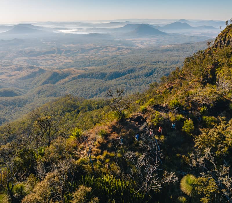 Aerial view of hikers on a narrow mountain trail overlooking a vast forested valley in the Scenic Rim, Queensland.