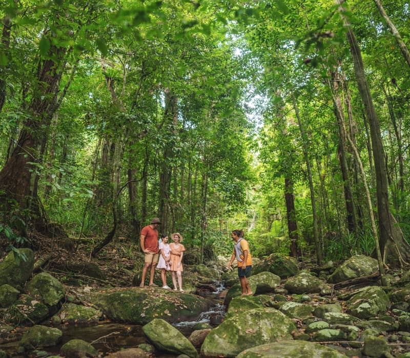 Panoramic view of a freshwater river winding through dense tropical rainforest with visitors resting on the riverbank.