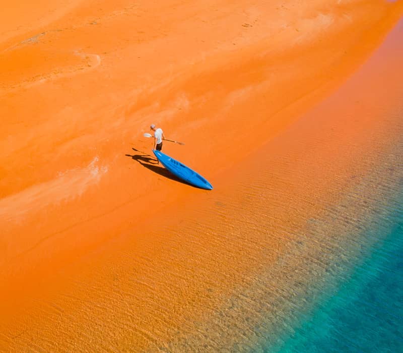 A stunning vertical aerial view showing the dramatic intersection of vivid red desert cliffs and the shallow turquoise waters of the Shark Bay World Heritage Area.