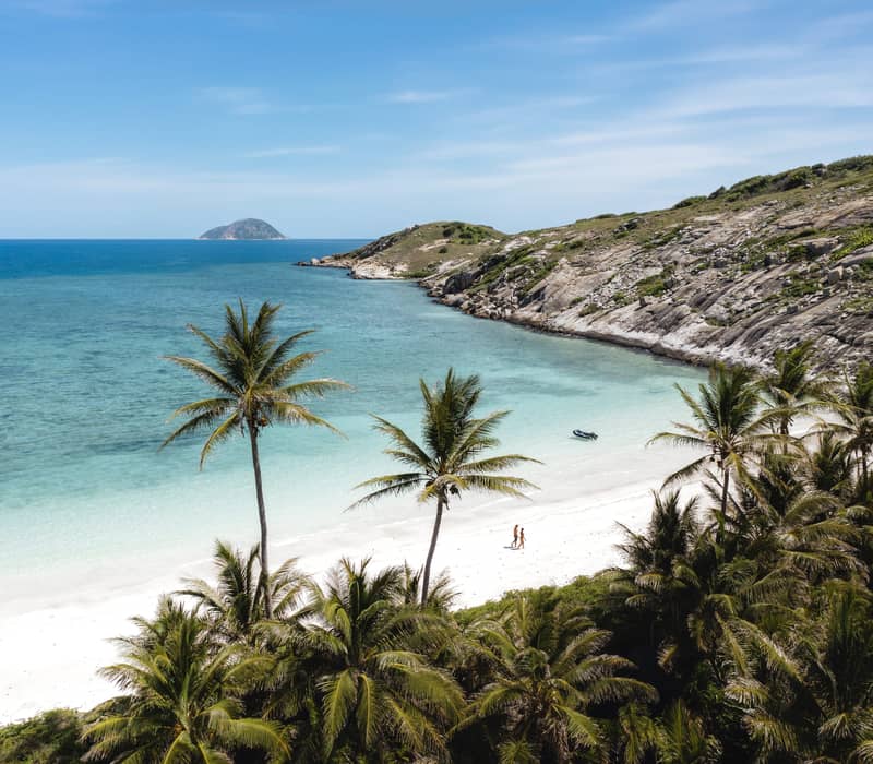Aerial view of a white sand beach with palm trees and a couple walking by clear blue water on Lizard Island.