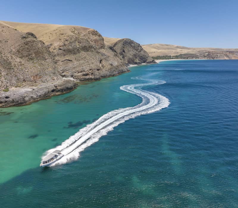 An aerial view of a white tour boat leaving a wake in bright blue coastal waters near rocky cliffs.