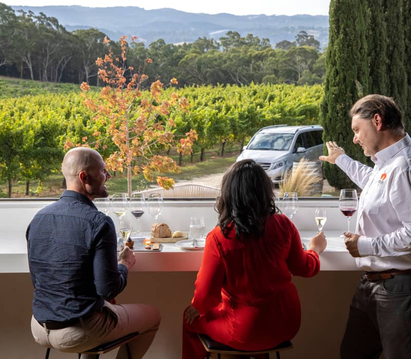 A couple enjoys a guided wine tasting overlooking lush vineyards in the Adelaide Hills, South Australia.