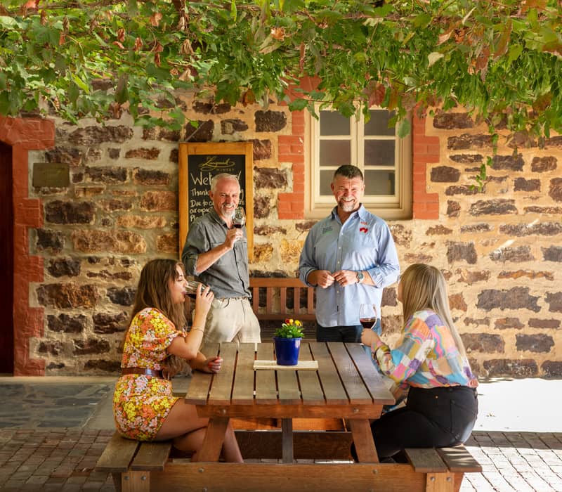 Travelers enjoy red wine at a wooden picnic table under a leafy vine trellis in the Barossa.