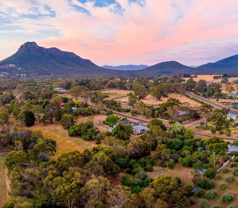 Aerial view of the Grampians National Park at sunset.