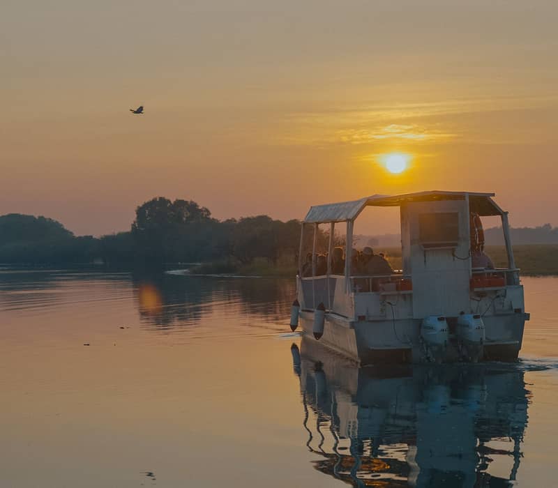 A rear-view perspective of a tour boat cruising through the serene Yellow Water Billabong at sunset, with the golden sun low on the horizon.
