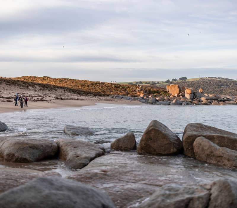 A small group of hikers with backpacks walking along a sandy beach near coastal rocks.