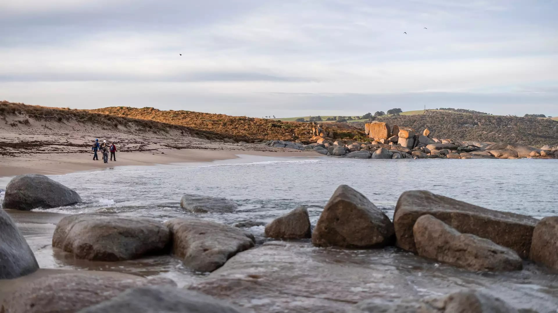 A small group of hikers with backpacks walking along a sandy beach near coastal rocks.