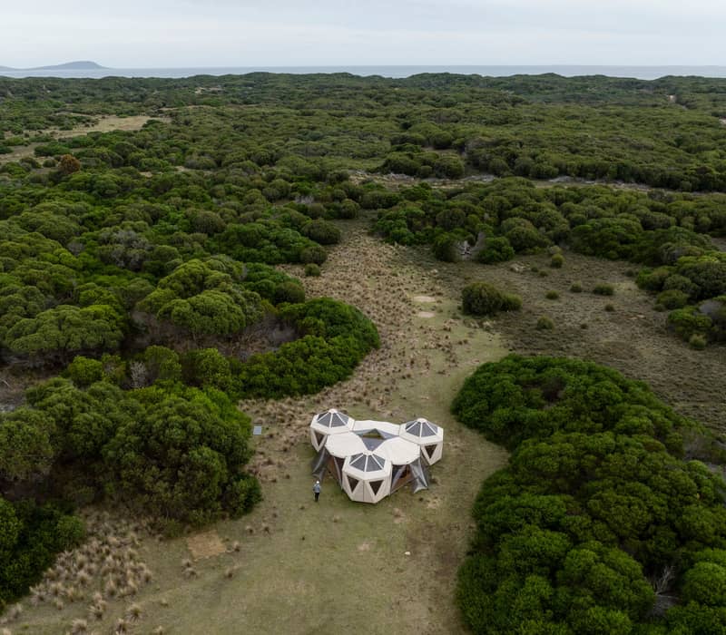 Aerial view of a unique tan-colored modular tent structure surrounded by green bushes.
