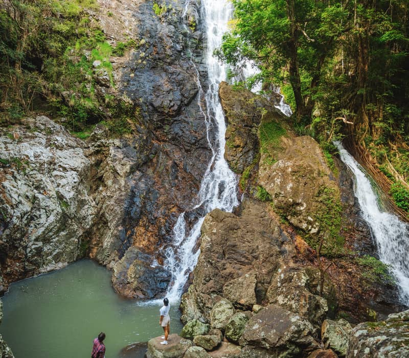 Hikers take in the scale of the spectacular Kondalilla Falls as it drops into a deep rainforest valley within the Blackall Range.