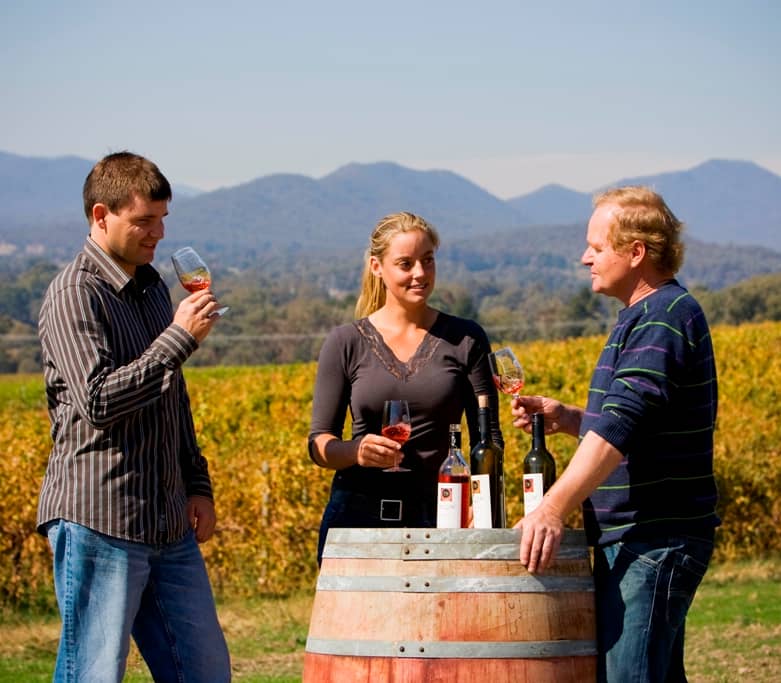 Three people enjoy a wine tasting at a timber barrel in a sunny King Valley vineyard.