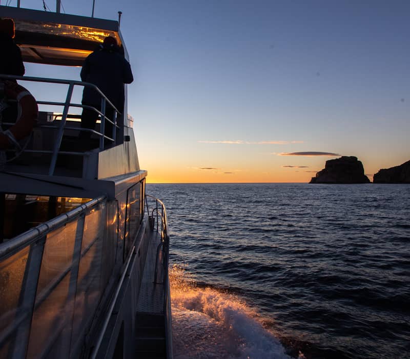 The sun rises over the rugged coast as an On Board Expedition Cruise departs Wineglass Bay in eastern Tasmania.