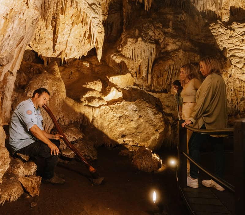 An Aboriginal guide playing a didgeridoo inside a spectacular illuminated limestone cave for a group of tourists.