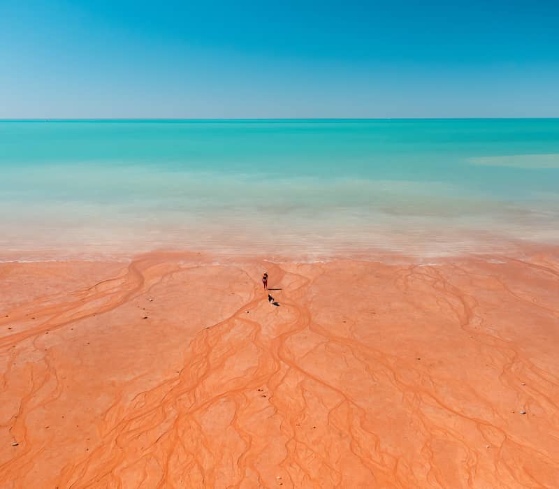 A minimalist aerial vista where the deep red sands of the Kimberley meet the calm, milky-turquoise waters of the Indian Ocean.