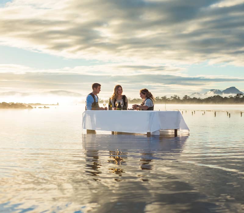 Guests wearing waders enjoy fresh oysters and Tasmanian sparkling wine at a white-clothed table partially submerged in the waters of a local marine farm.