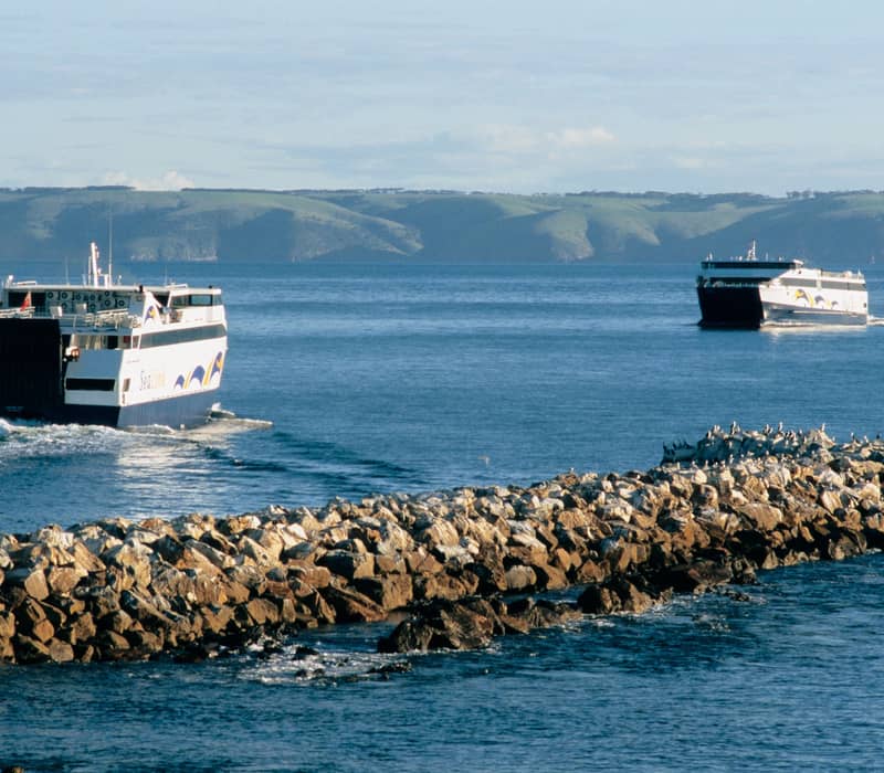 Two large SeaLink passenger and vehicle ferries on the blue waters of Backstairs Passage near Kangaroo Island.