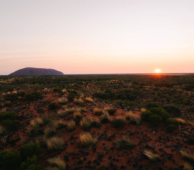 Wide landscape shot of hikers walking through desert scrub toward Uluru at sunrise in the Northern Territory.